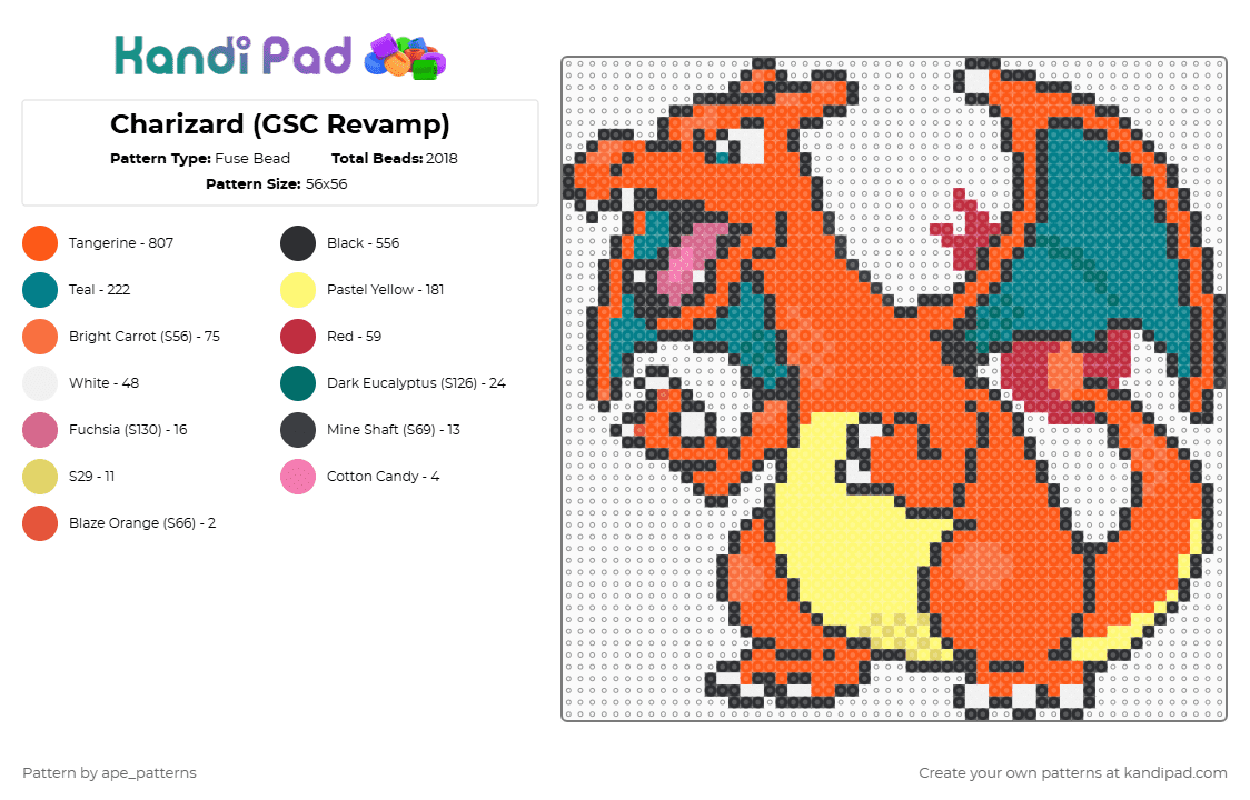 Charizard (GSC Revamp) - Fuse Bead Pattern by ape_patterns on Kandi Pad - orange,character,pokemon,charizard,nintendo,game boy,revamp,video games,gaming