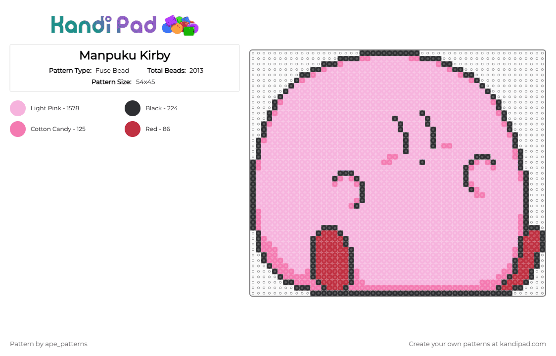Manpuku Kirby - Fuse Bead Pattern by ape_patterns on Kandi Pad - pink,character,kirby,cute,nintendo,video games,gaming