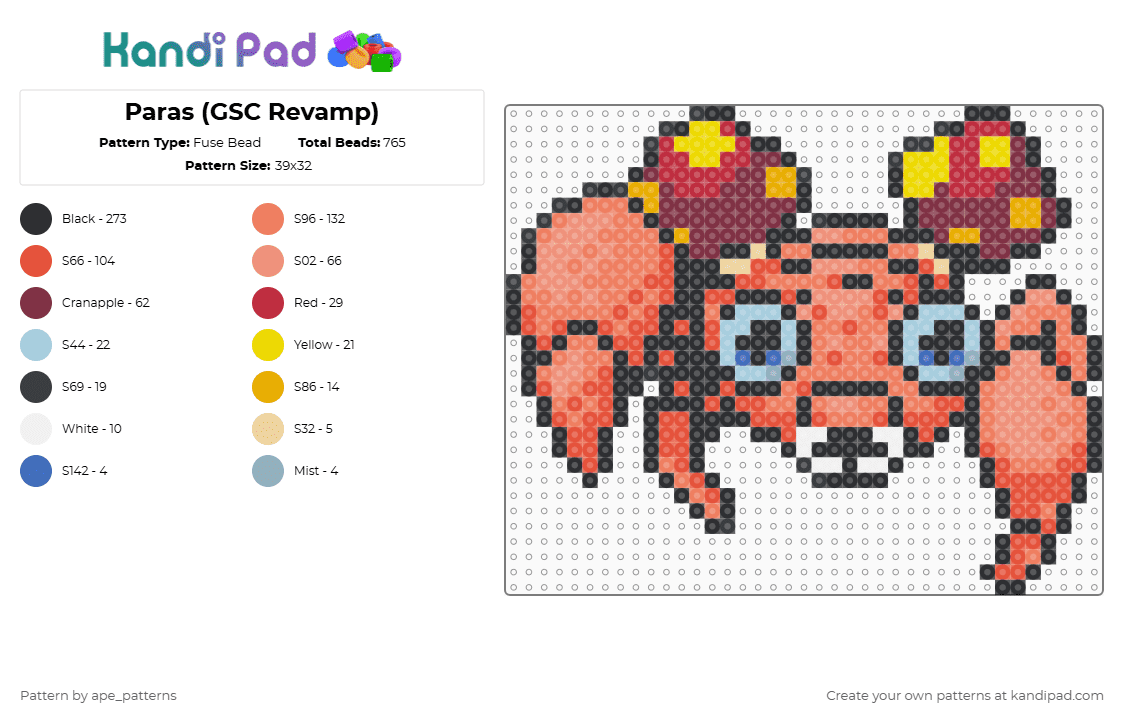 Paras (GSC Revamp) - Fuse Bead Pattern by ape_patterns on Kandi Pad - red,orange,brown,character,paras,pokemon,revamp,nintendo,game boy,gaming,video games