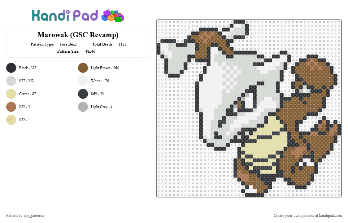 Marowak (GSC Revamp) - Fuse Bead Pattern by ape_patterns on Kandi Pad - white,tan,character,marowak,pokemon,revamp,nintendo,game boy,video games,gaming