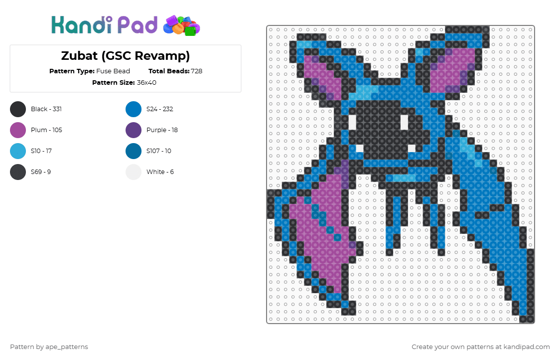Zubat (GSC Revamp) - Fuse Bead Pattern by ape_patterns on Kandi Pad - black,blue,pink,character,zubat,pokemon,revamp,nintendo,game boy,video games,gaming