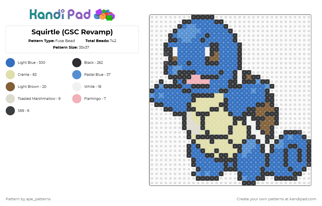 Squirtle (GSC Revamp) - Fuse Bead Pattern by ape_patterns on Kandi Pad - blue,character,squirtle,pokemon,revamp,nintendo,game boy,video games,gaming