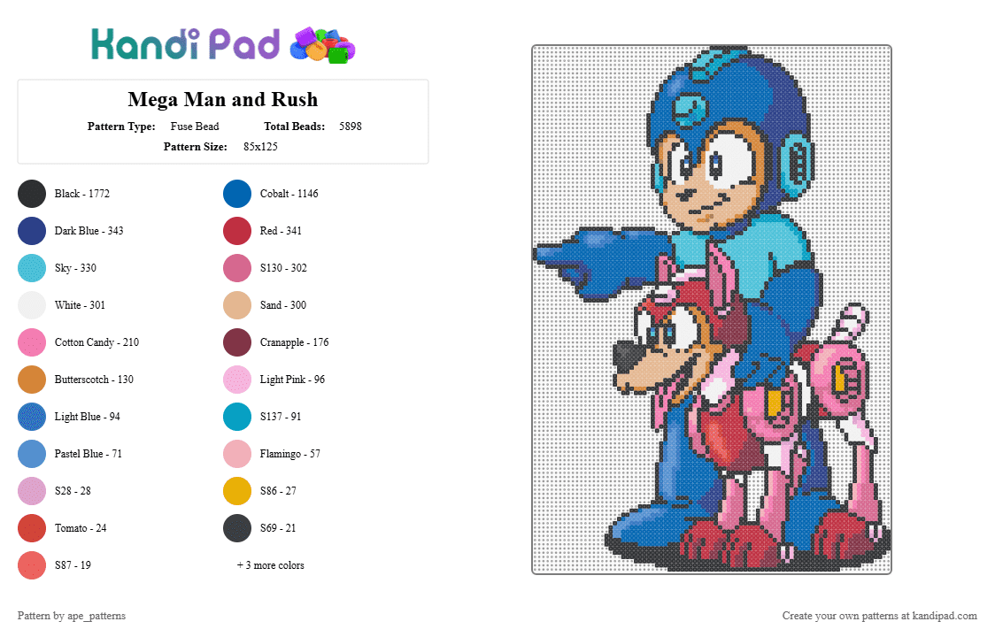 Mega Man and Rush - Fuse Bead Pattern by ape_patterns on Kandi Pad - blue,light blue,pink,character,megaman,mega man,rush,capcom,video games,gaming