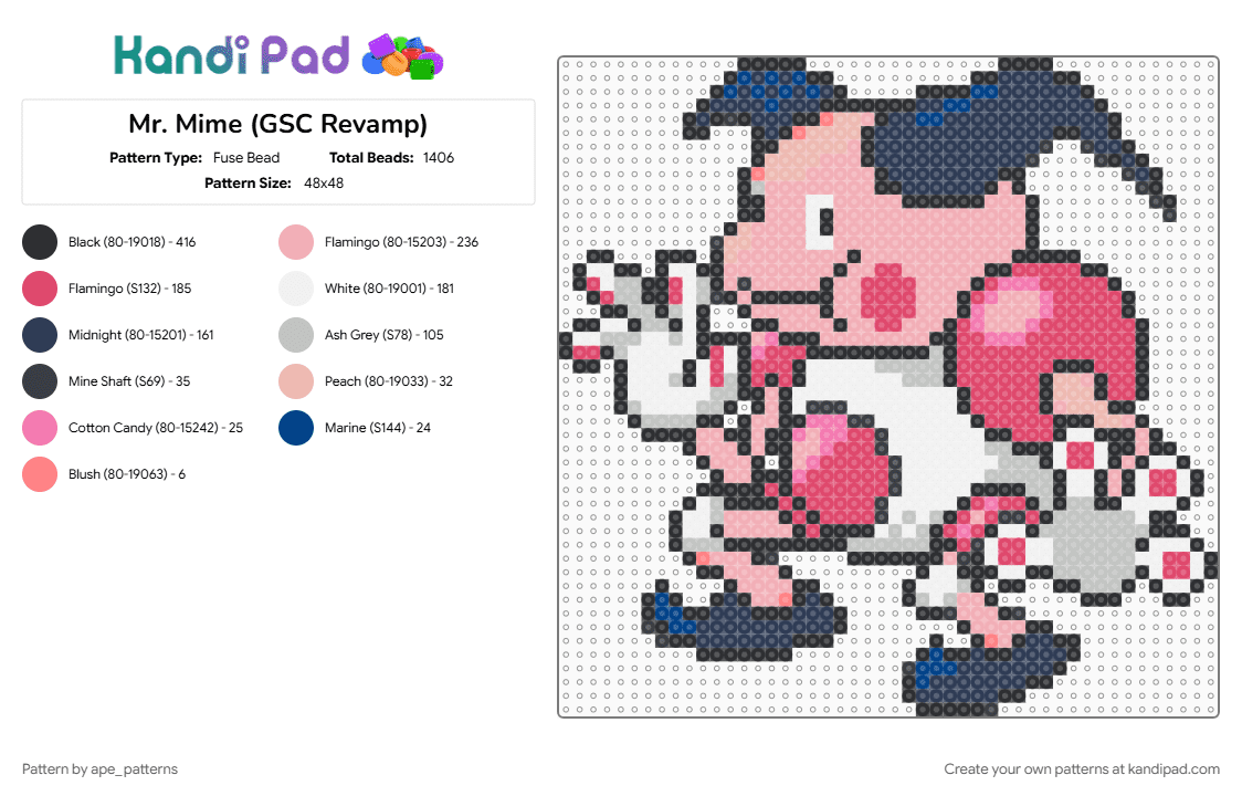 Mr. Mime (GSC Revamp) - Fuse Bead Pattern by ape_patterns on Kandi Pad - beige, character, game boy, gaming, mr mime, nintendo, pokemon, purple, red, revamp, video games