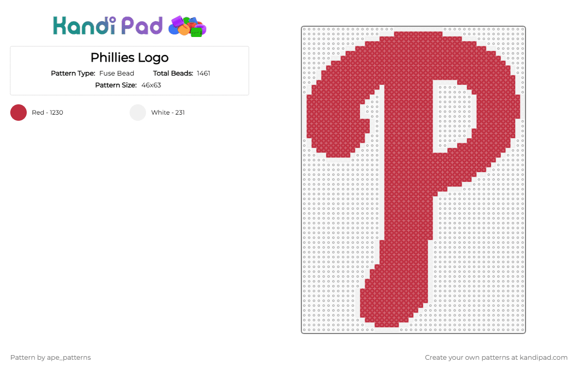 Phillies Logo - Fuse Bead Pattern by ape_patterns on Kandi Pad - red,sports,philadelphia,phillies,baseball,logo