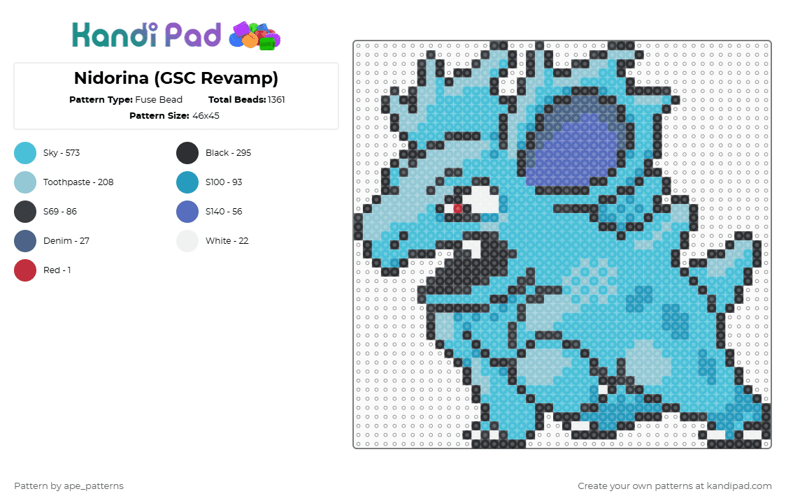 Nidorina (GSC Revamp) - Fuse Bead Pattern by ape_patterns on Kandi Pad - light blue,character,nidorina,pokemon,revamp,nintendo,game boy,video games,gaming