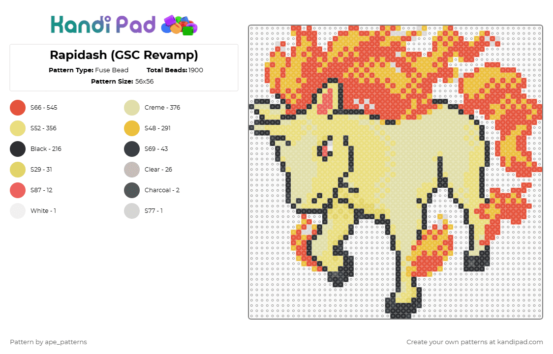 Rapidash (GSC Revamp) - Fuse Bead Pattern by ape_patterns on Kandi Pad - 