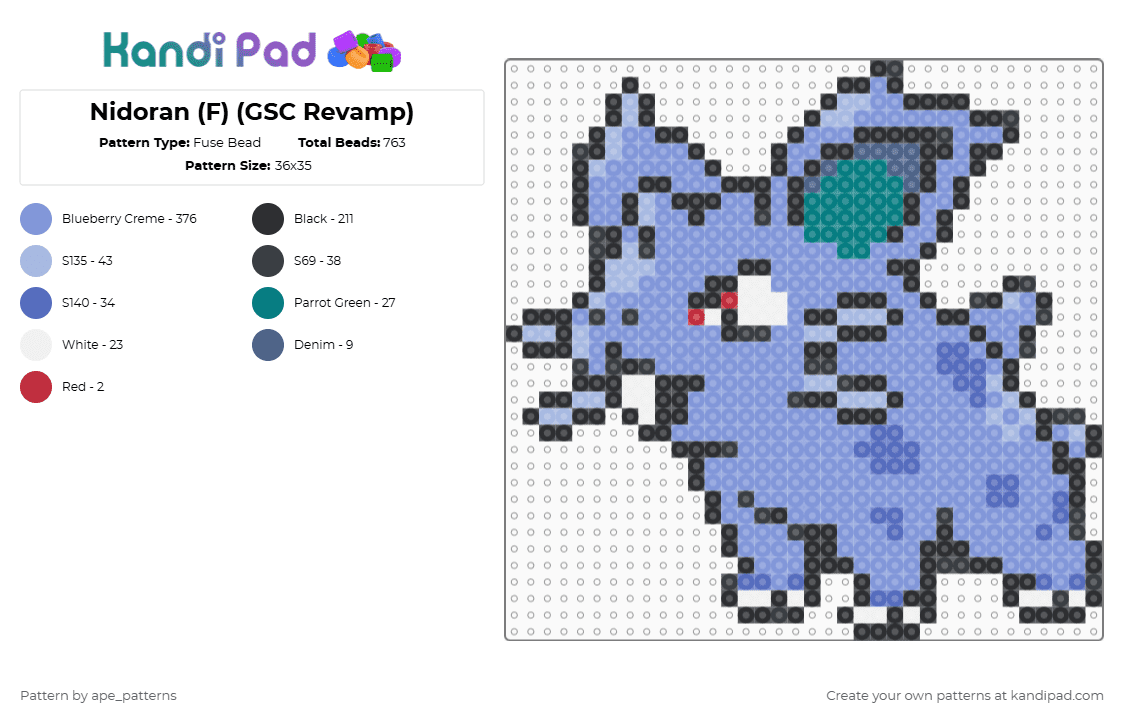 Nidoran (F) (GSC Revamp) - Fuse Bead Pattern by ape_patterns on Kandi Pad - character,nidoran,pokemon,revamp,nintendo,game boy,video games,gaming
