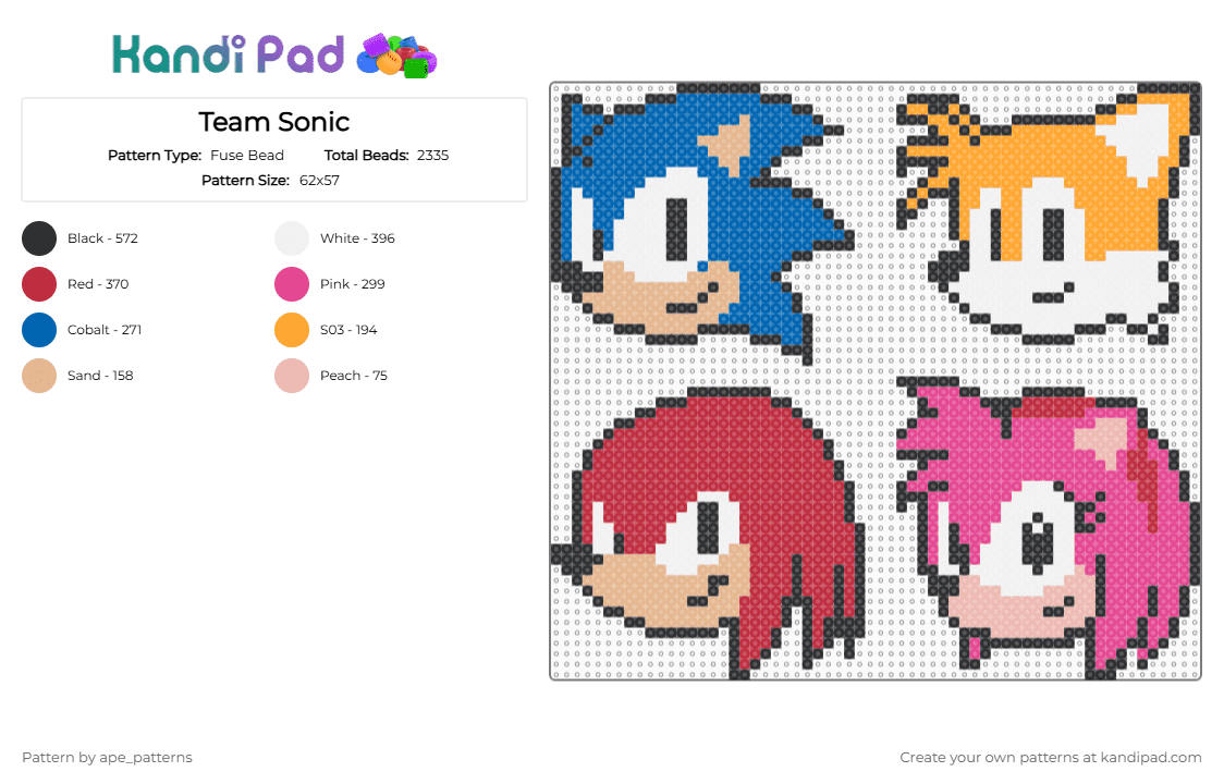 Team Sonic - Fuse Bead Pattern by ape_patterns on Kandi Pad - blue,red,pink,character,sonic,sonic the hedgehog,tails,knuckles,amy rose,gaming,video games