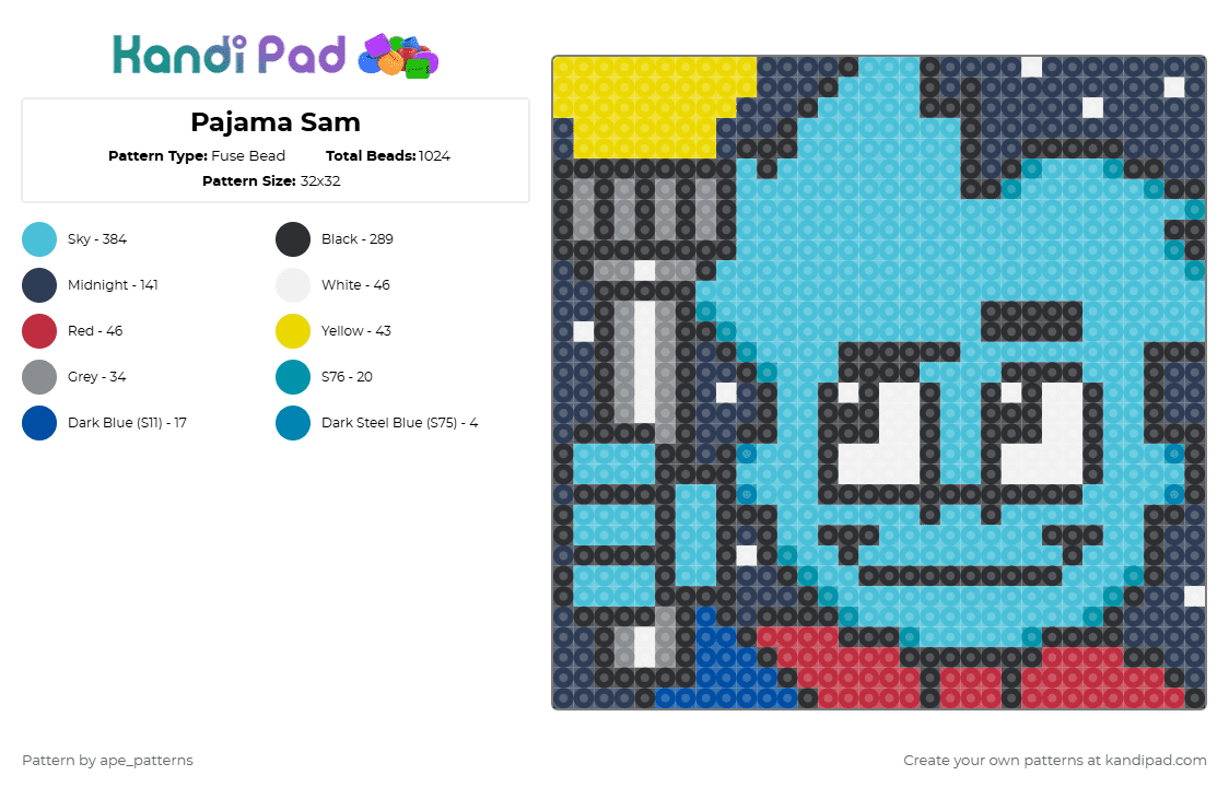 Pajama Sam - Fuse Bead Pattern by ape_patterns on Kandi Pad - purple,light blue,character,pajama sam,retro,pc,nostalgia,gaming,video games,humongous entertainment