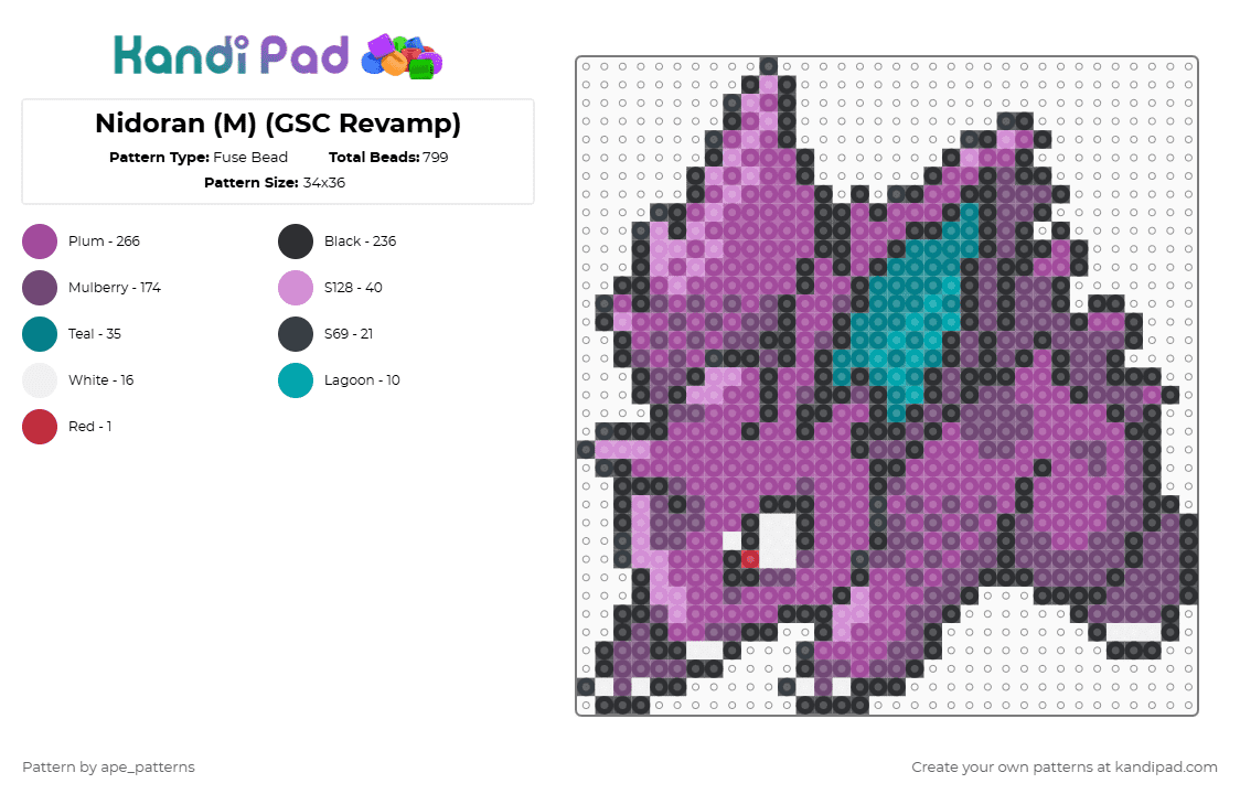 Nidoran (M) (GSC Revamp) - Fuse Bead Pattern by ape_patterns on Kandi Pad - pink,character,nidoran,pokemon,revamp,nintendo,game boy,video games,gaming
