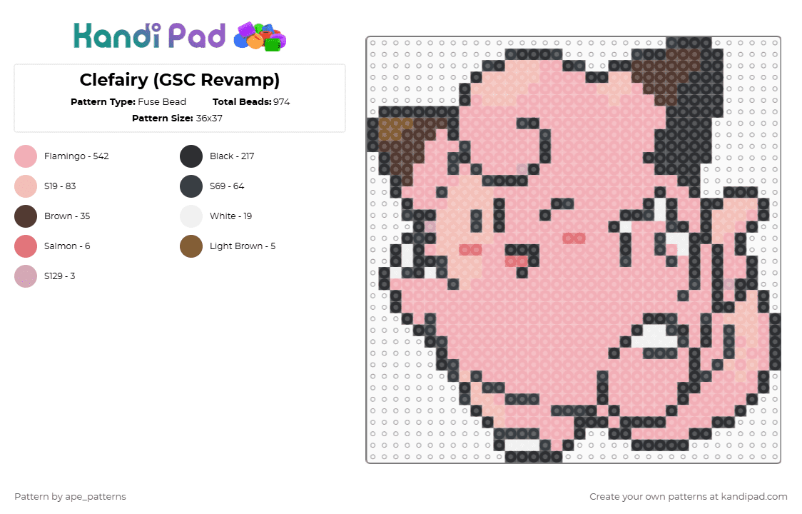 Clefairy (GSC Revamp) - Fuse Bead Pattern by ape_patterns on Kandi Pad - beige,character,clefairy,pokemon,revamp,nintendo,game boy,video games,gaming