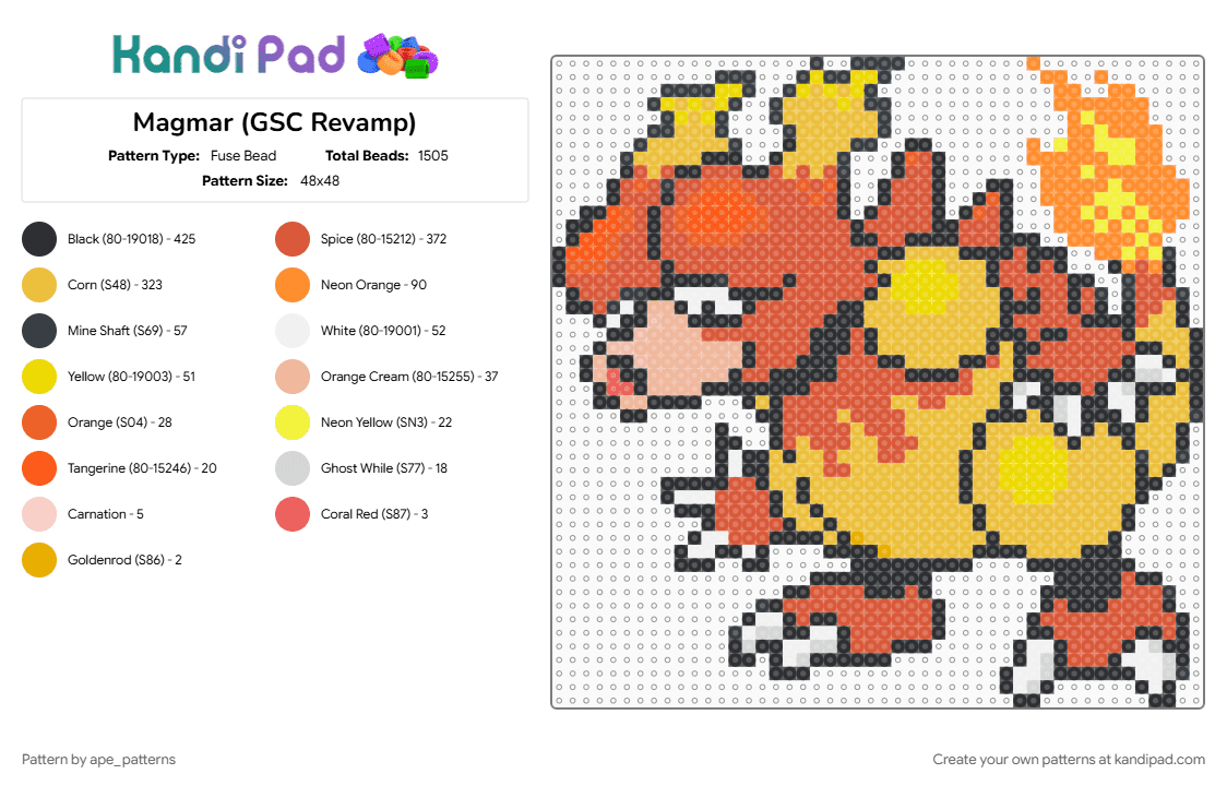 Magmar (GSC Revamp) - Fuse Bead Pattern by ape_patterns on Kandi Pad - character, game boy, gaming, magmar, nintendo, pokemon, red, revamp, video games, yellow
