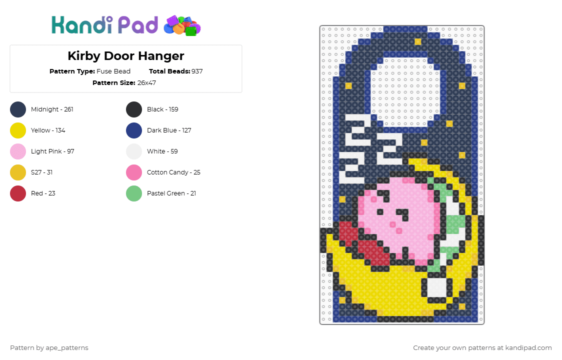 Kirby Door Hanger - Fuse Bead Pattern by ape_patterns on Kandi Pad - yellow,pink,blue,purple,character,kirby,door hanger,nintendo,video games,gaming,cute