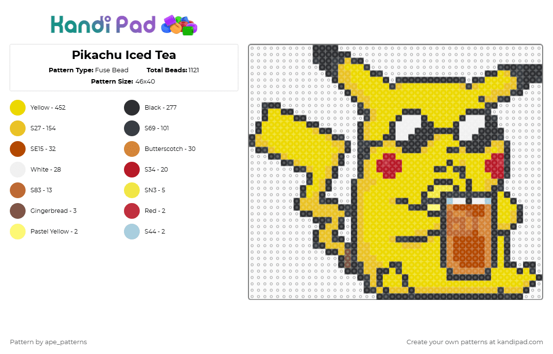 Pikachu Iced Tea - Fuse Bead Pattern by ape_patterns on Kandi Pad - yellow,cotdicetea,character,pikachu,summer,nintendo,pokemon,video games,gaming