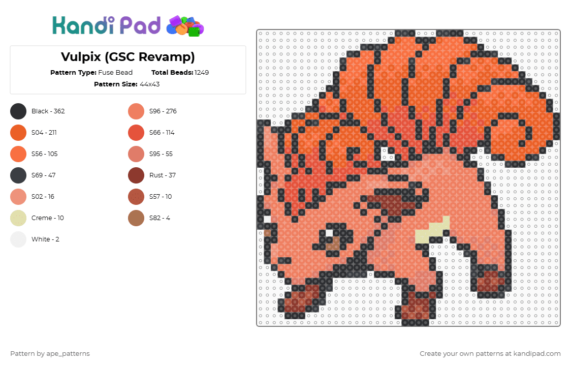 Vulpix (GSC Revamp) - Fuse Bead Pattern by ape_patterns on Kandi Pad - orange,character,vulpix,pokemon,revamp,nintendo,game boy,video games,gaming