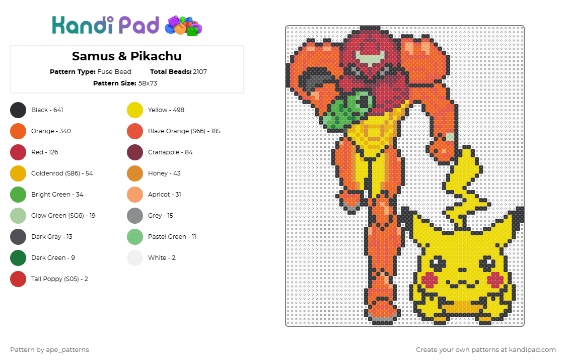 Samus & Pikachu - Fuse Bead Pattern by ape_patterns on Kandi Pad - red,yellow,orange,character,samus,pikachu,metroid,pokemon,gaming,video games,super smash bros