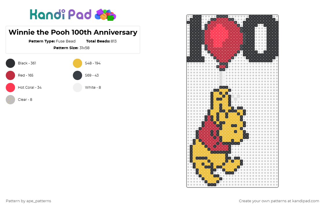 Winnie the Pooh 100th Anniversary - Fuse Bead Pattern by ape_patterns on Kandi Pad - black,red,yellow,character,pooh,winnie the pooh,100th,anniversary,nostalgia,cartoon