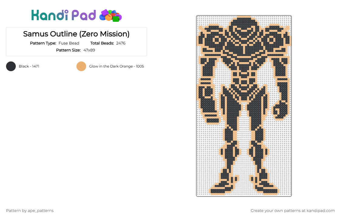 Samus Outline (Zero Mission) - Fuse Bead Pattern by ape_patterns on Kandi Pad - aran, black, character, gaming, metroid, nintendo, orange, samus, video games, zero mission