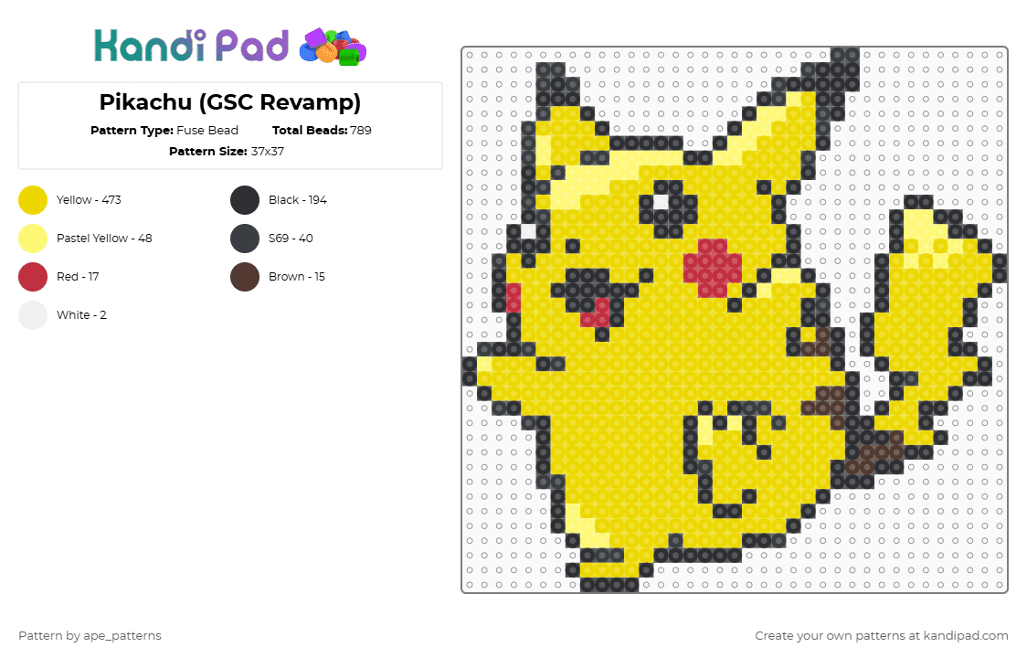 Pikachu (GSC Revamp) - Fuse Bead Pattern by ape_patterns on Kandi Pad - yellow,character,pokemon,pikachu,revamp,nintendo,game boy,video games,gaming