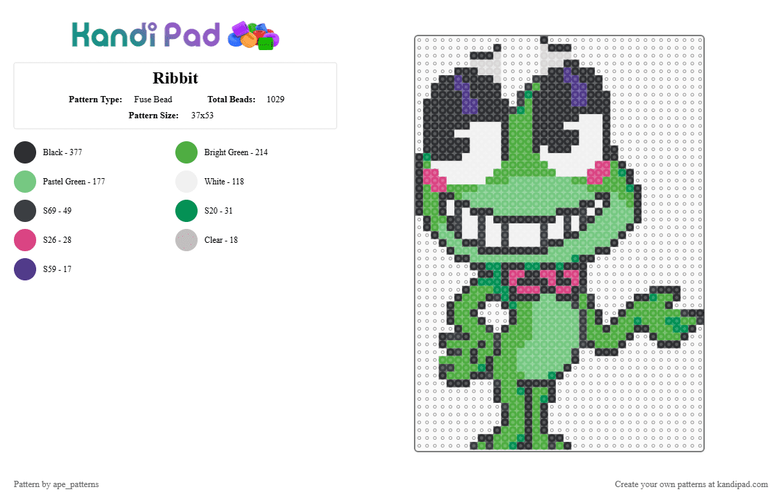 Ribbit - Fuse Bead Pattern by ape_patterns on Kandi Pad - green,teal,character,ribbit,tadc,theamazingdigitalcircus,amazing,digital,circus