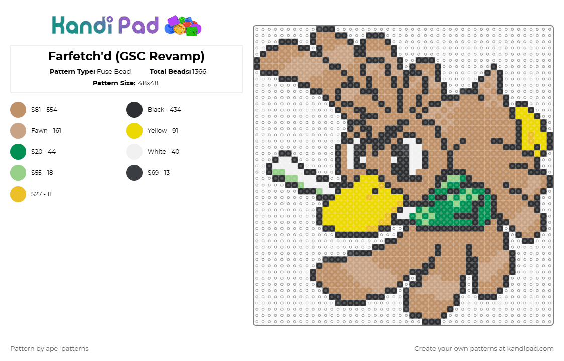 Farfetch\'d (GSC Revamp) - Fuse Bead Pattern by ape_patterns on Kandi Pad - 