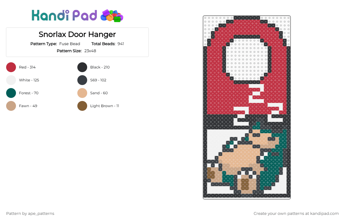 Snorlax Door Hanger - Fuse Bead Pattern by ape_patterns on Kandi Pad - red,character,snorlax,door hanger,pokemon,nintendo,video games,gaming,sleep