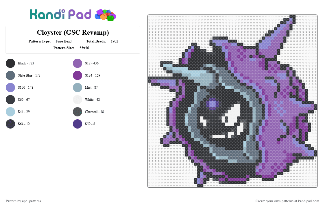 Cloyster (GSC Revamp) - Fuse Bead Pattern by ape_patterns on Kandi Pad - pink,character,cloyster,pokemon,revamp,nintendo,game boy,video games,gaming