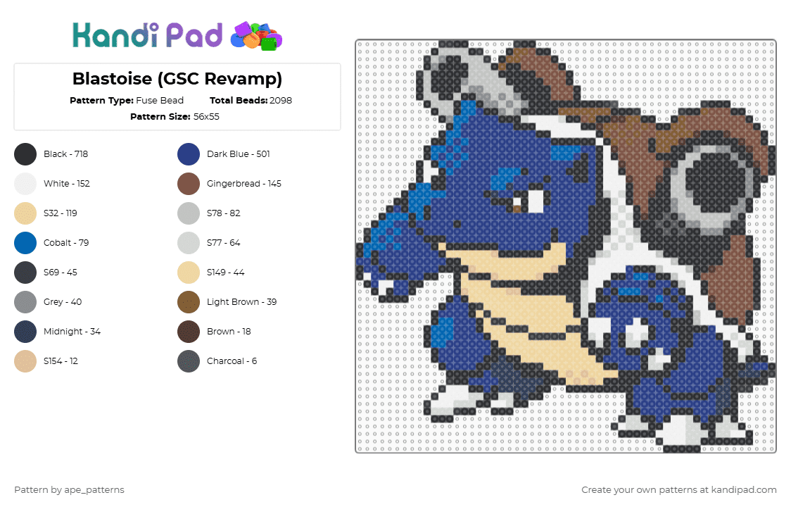 Blastoise (GSC Revamp) - Fuse Bead Pattern by ape_patterns on Kandi Pad - beige,blue,tan,character,pokemon,blastoise,revamp,nintendo,game boy,video games,gaming