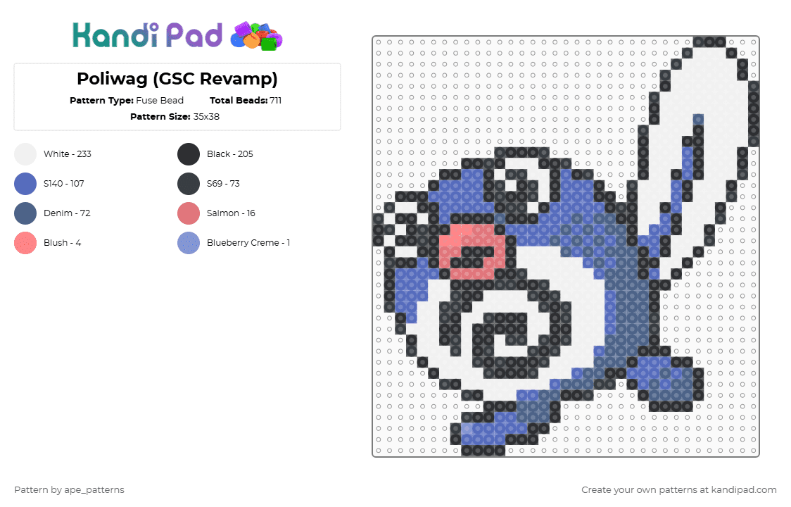 Poliwag (GSC Revamp) - Fuse Bead Pattern by ape_patterns on Kandi Pad - white,blue,character,poliwag,pokemon,revamp,nintnedo,game boy,video games,gaming