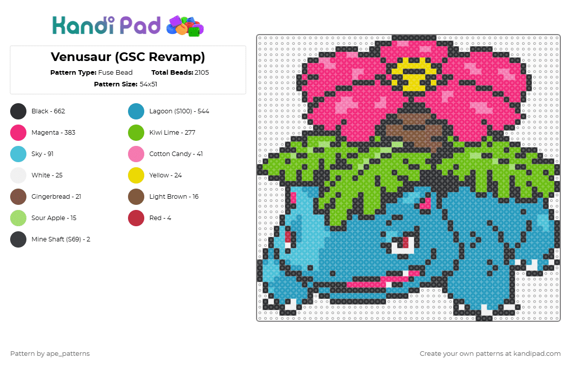 Venusaur (GSC Revamp) - Fuse Bead Pattern by ape_patterns on Kandi Pad - pink,green,light blue,character,venusaur,pokemon,game boy,revamp,colorful,video games,gaming