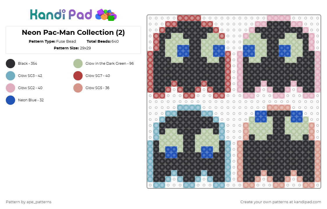 Neon Pac-Man Collection (2) - Fuse Bead Pattern by ape_patterns on Kandi Pad - character,neon,pacman,pac man,arcade,retro,gaming,video games