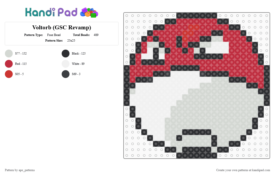 Voltorb (GSC Revamp) - Fuse Bead Pattern by ape_patterns on Kandi Pad - white,red,character,voltorb,pokemon,revamp,nintendo,game boy,video games,gaming