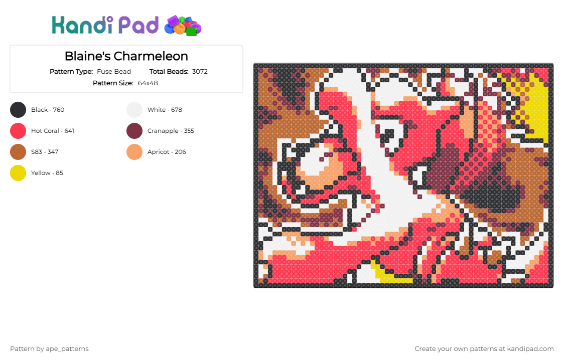 Blaine\'s Charmeleon - Fuse Bead Pattern by ape_patterns on Kandi Pad - red,brown,tan,cotdtradingcardgames,character,charmeleon,pokemon,tcg,gaming,watercolor