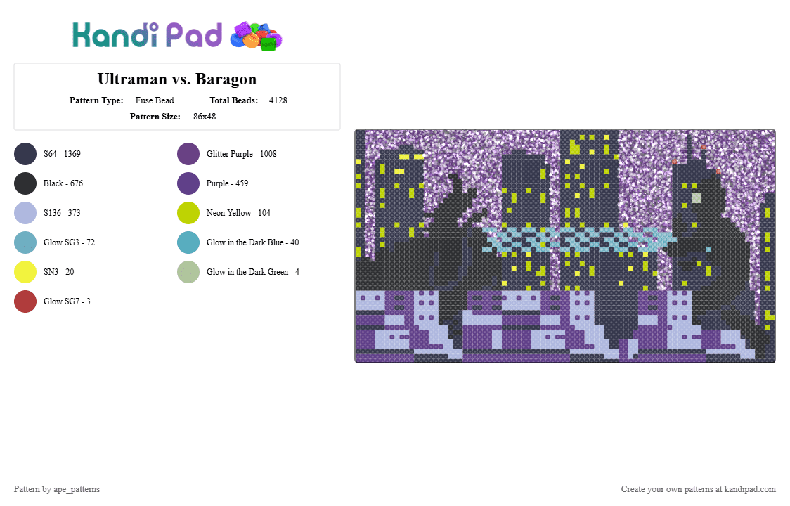 Ultraman vs. Baragon - Fuse Bead Pattern by ape_patterns on Kandi Pad - purple,cotdskyscrapers,character,ultraman,baragon,toku,silhouette