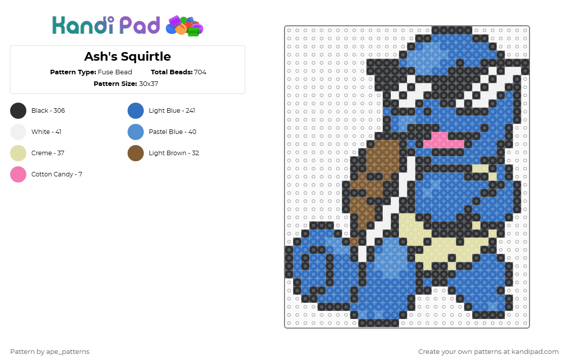 Ash\'s Squirtle - Fuse Bead Pattern by ape_patterns on Kandi Pad - black,blue,character,pokemon,nintendo,game boy,anime,video games,gaming