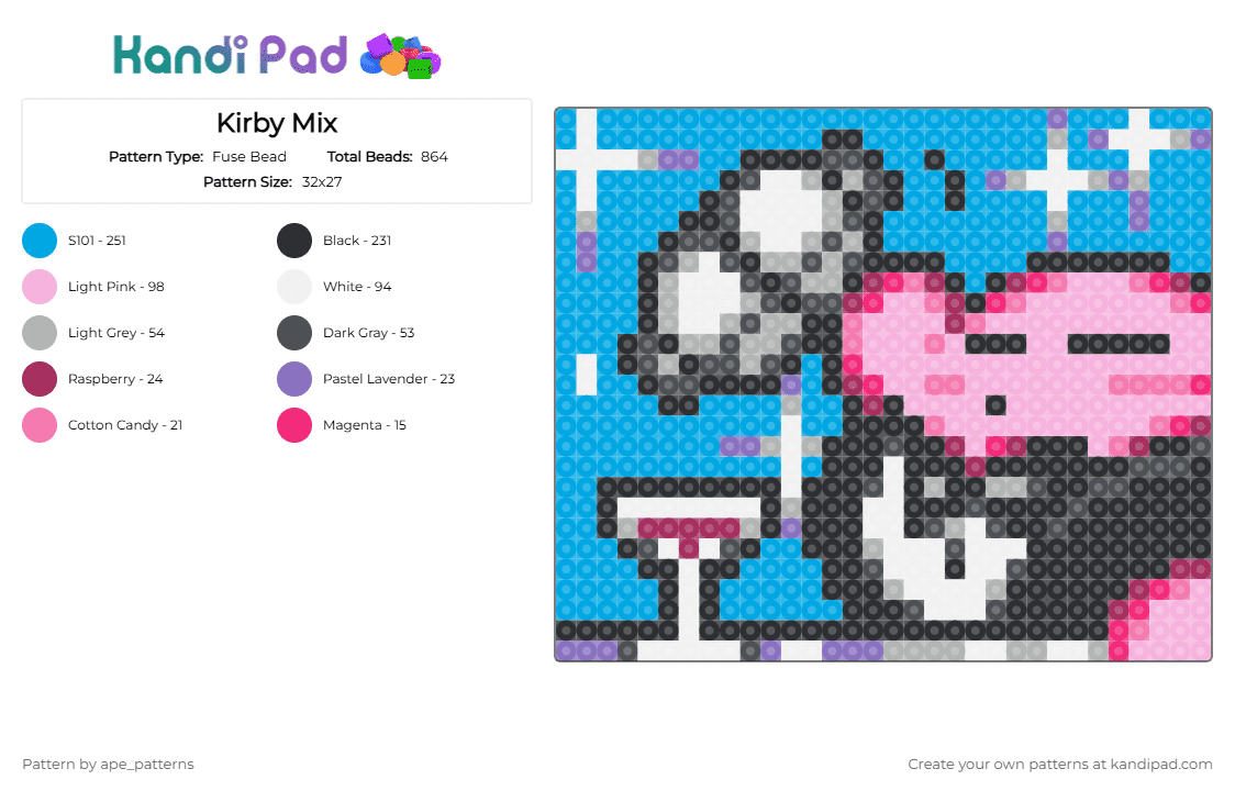 Kirby Mix - Fuse Bead Pattern by ape_patterns on Kandi Pad - light blue,pink,character,kirby,kirby superstar,mix,cute,nintendo,video games,gaming