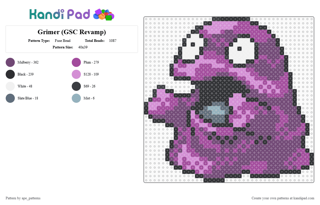 Grimer (GSC Revamp) - Fuse Bead Pattern by ape_patterns on Kandi Pad - pink,character,grimer,pokemon,revamp,nintendo,game boy,video games,gaming