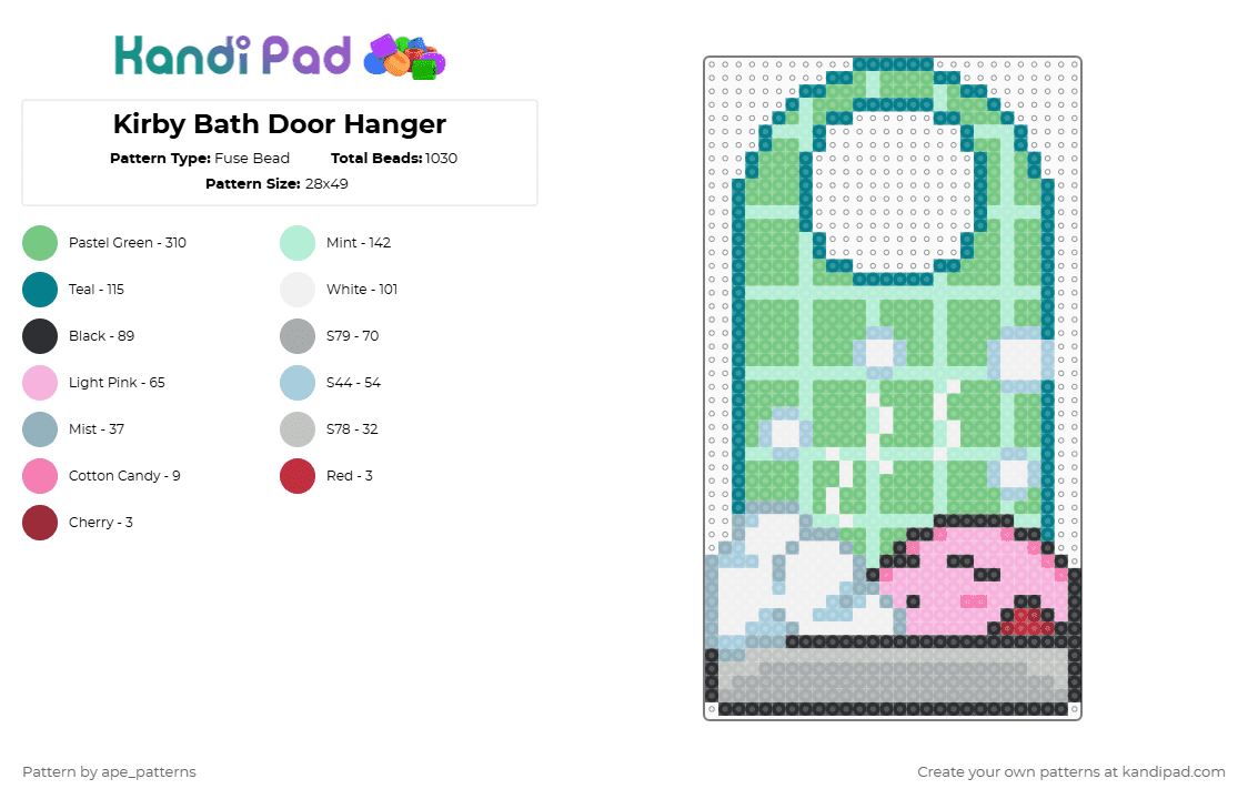 Kirby Bath Door Hanger - Fuse Bead Pattern by ape_patterns on Kandi Pad - light blue,teal,character,kirby,door hanger,bath,nintendo,video games,gaming,cute