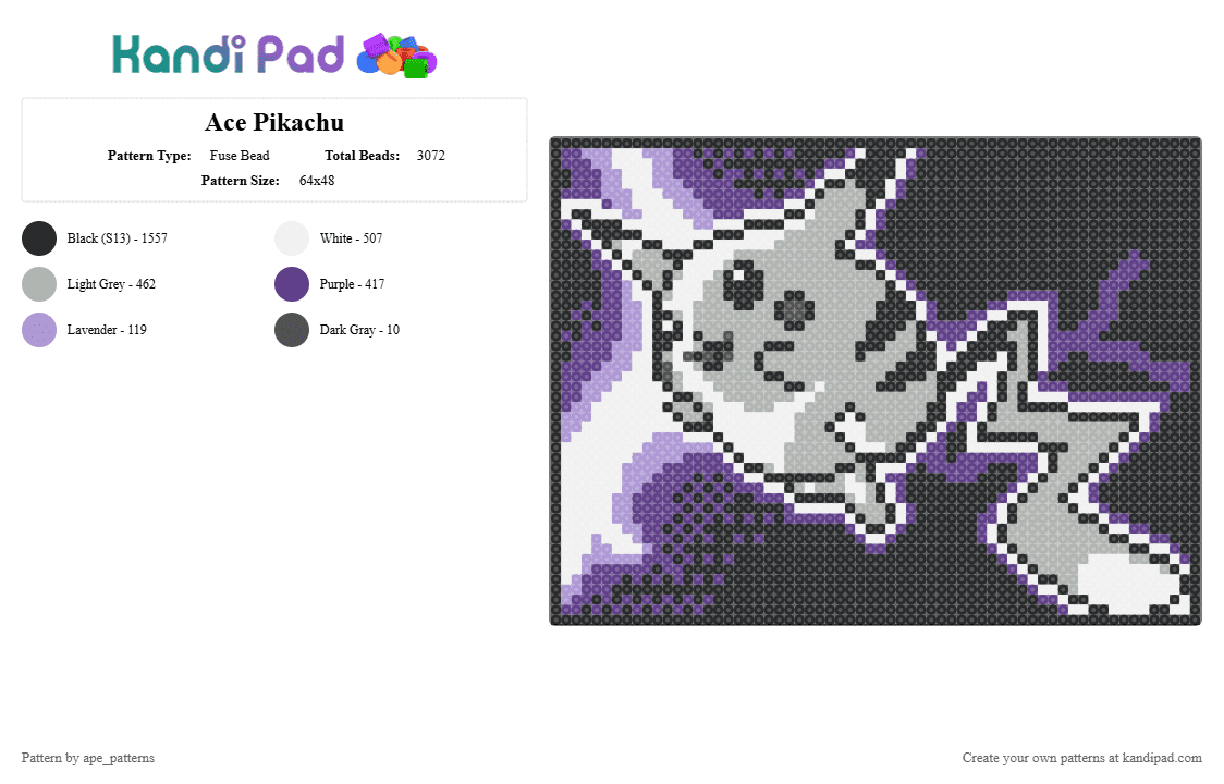 Ace Pikachu - Fuse Bead Pattern by ape_patterns on Kandi Pad - black,purple,beige,character,pikachu,pokemon,asexual,pride,pride month,video games,gaming