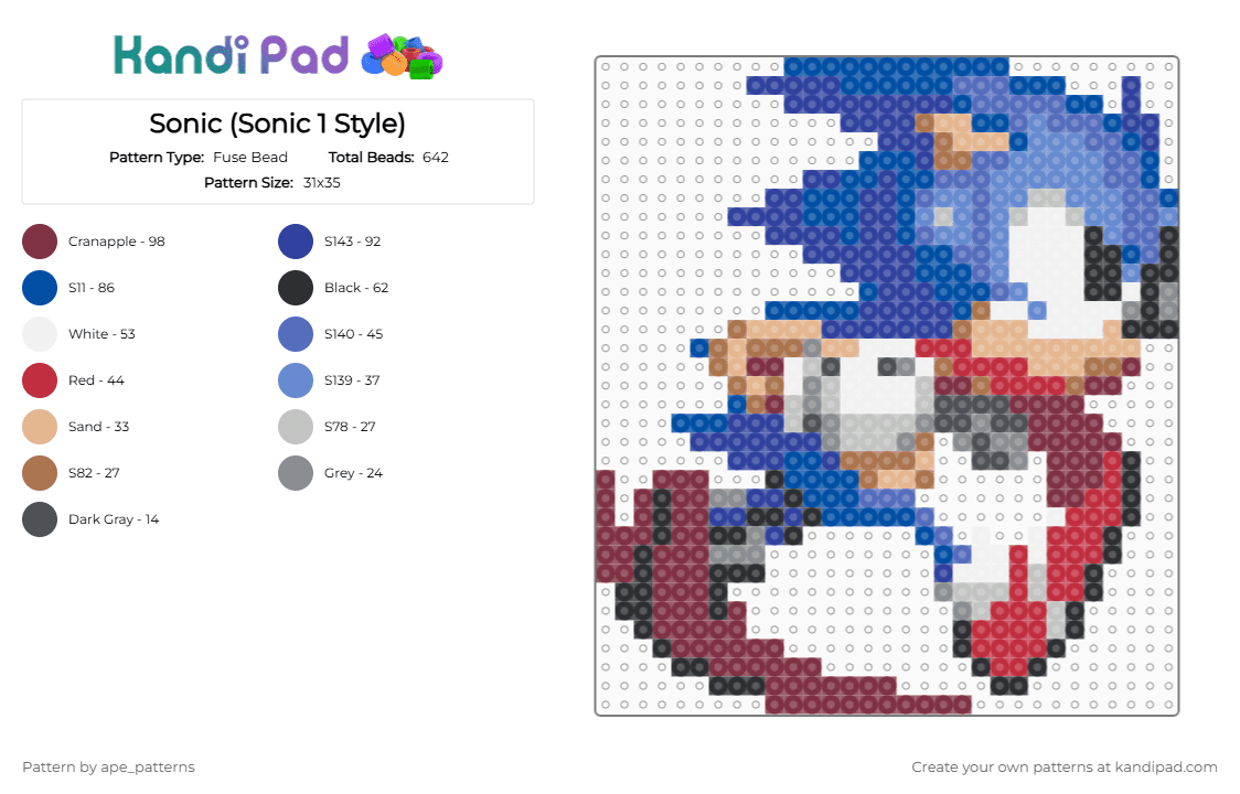 Sonic (Sonic 1 Style) - Fuse Bead Pattern by ape_patterns on Kandi Pad - brown,purple,blue,character,sonic the hedgehog,sonic,sega,genesis,mega drive,video games,gaming