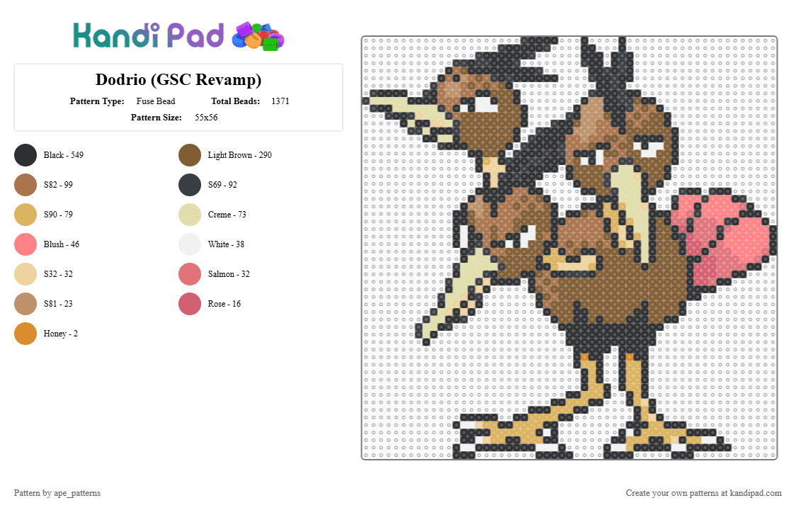 Dodrio (GSC Revamp) - Fuse Bead Pattern by ape_patterns on Kandi Pad - black,tan,character,dodrio,pokemon,revamp,nintnedo,game boy,video games,gaming