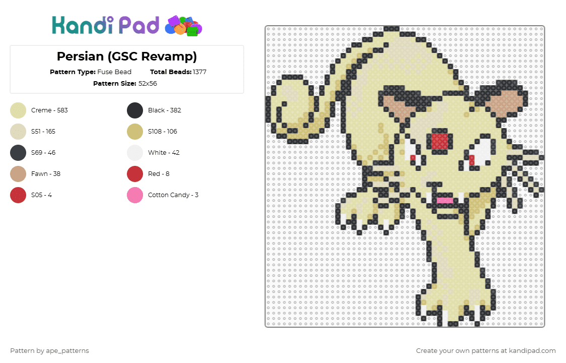 Persian (GSC Revamp) - Fuse Bead Pattern by ape_patterns on Kandi Pad - beige,yellow,character,persian,pokemon,revamp,nintendo,game boy,video games,gaming