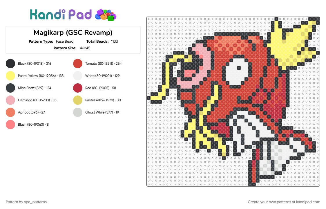 Magikarp (GSC Revamp) - Fuse Bead Pattern by ape_patterns on Kandi Pad - character, game boy, gaming, magikarp, nintendo, pokemon, red, revamp, video games, yellow