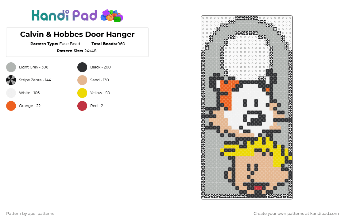 Calvin & Hobbes Door Hanger - Fuse Bead Pattern by ape_patterns on Kandi Pad - beige,character,comic,calvin,hobbes,door hanger,cartoon