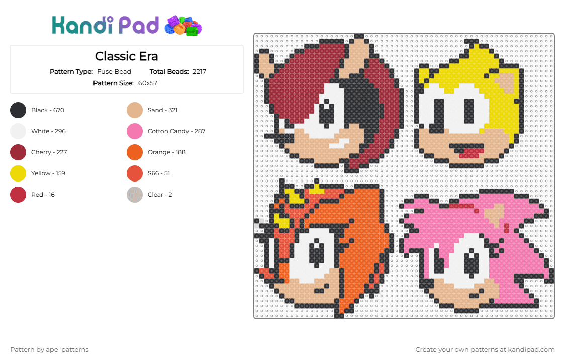 Classic Era - Fuse Bead Pattern by ape_patterns on Kandi Pad - beige,red,pink,character,sonic the hedgehog,mighty,ray,trip,amy,video games,gaming