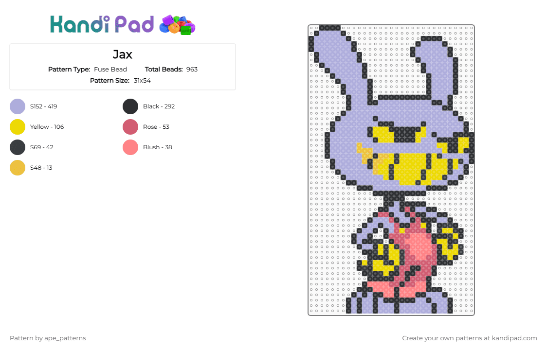 Jax - Fuse Bead Pattern by ape_patterns on Kandi Pad - pink,character,jax,tadc,theamazingdigitalcircus,amazing,digital,circus