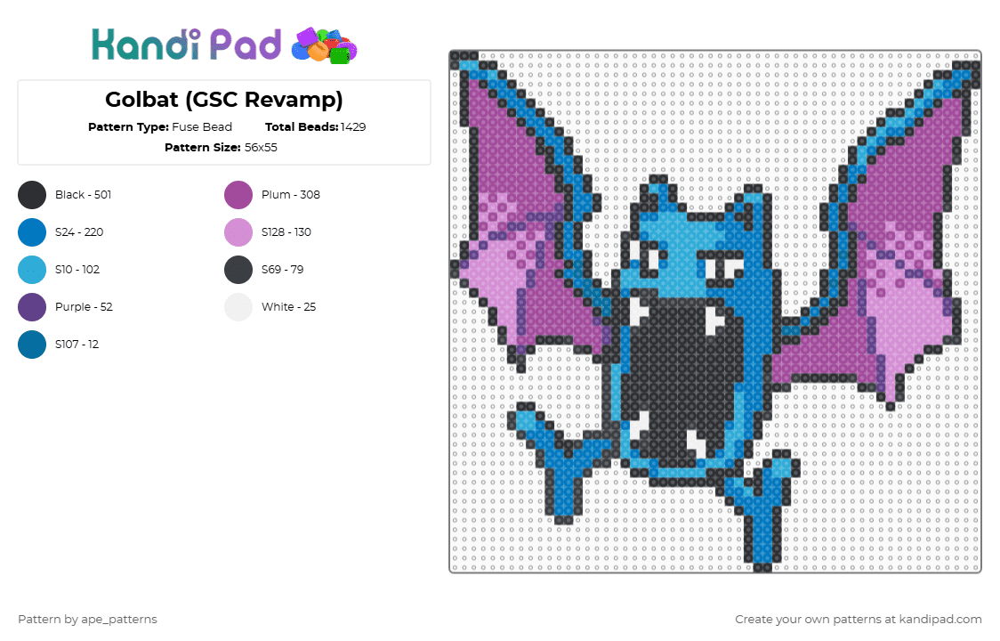 Golbat (GSC Revamp) - Fuse Bead Pattern by ape_patterns on Kandi Pad - pink,blue,character,golbat,pokemon,revamp,nintendo,game boy,video games,gaming