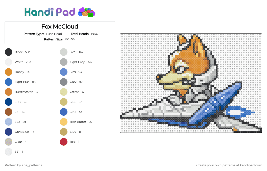 Fox McCloud - Fuse Bead Pattern by ape_patterns on Kandi Pad - 