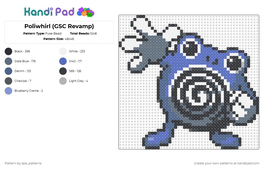 Poliwhirl (GSC Revamp) - Fuse Bead Pattern by ape_patterns on Kandi Pad - gray,blue,character,poliwhirl,pokemon,revamp,nintendo,game boy,video games,gaming